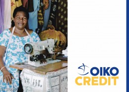 sozial ethische Geldanlage bei Oiko Credit, Werbung mit Näherin und Logo